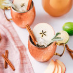 2 apple cider moscow mules in copper mugs garnished with apple, cinnamon sticks and herbs