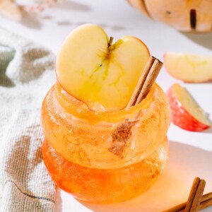Apple-rol Spritz drink in a glass with an apple slice and cinnamon stick as garnish.