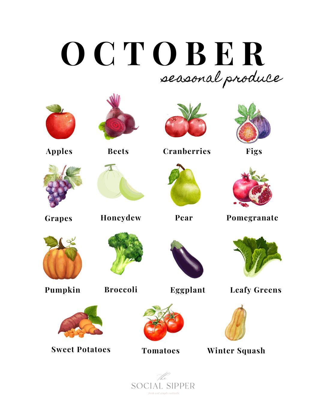 graphic listing 15 fruits and vegetables that are in season in October