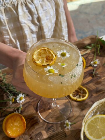 Charred Lemon Ginger Mocktail with ice, grilled lemon slice, chamomile flowers, and fresh herbs in a stemmed glass.