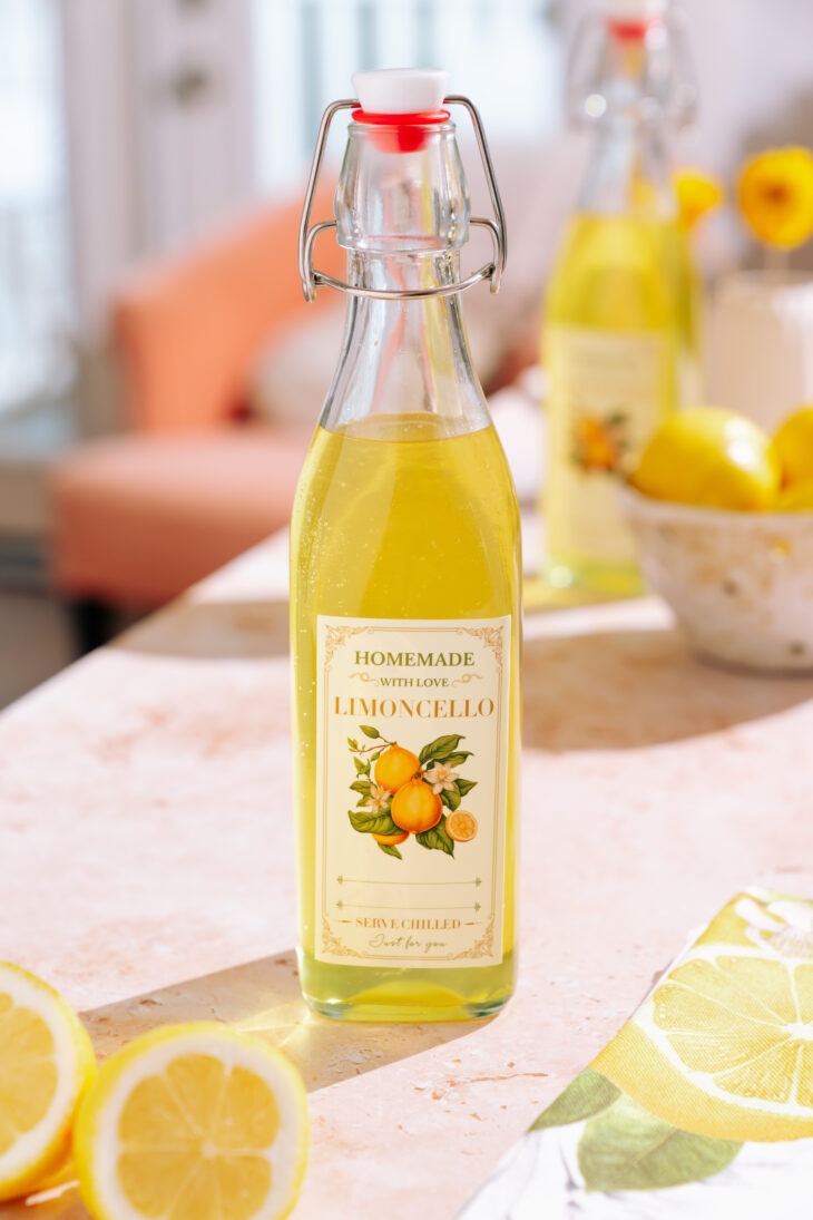 Bottle of homemade limoncello recipe with label