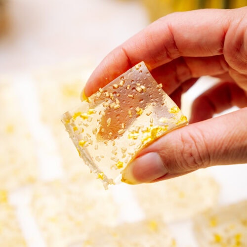 Hand holding a champagne jello shot with gold sugar sprinkles.