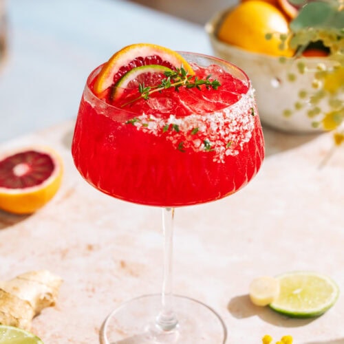 Bright red ginger blood orange mocktail in a coupe glass with a salted rim, garnished with citrus slices and fresh thyme on a sunlit countertop.