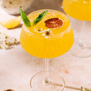 Bright and refreshing Ginger Peach Mocktail with fresh mint, dried orange slice, and edible flowers, served over ice in a stylish coupe glass.