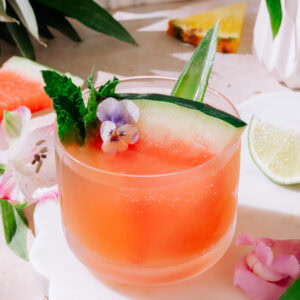 Tropical Watermelon Gin Cocktail garnished with fresh watermelon and lime and mint.