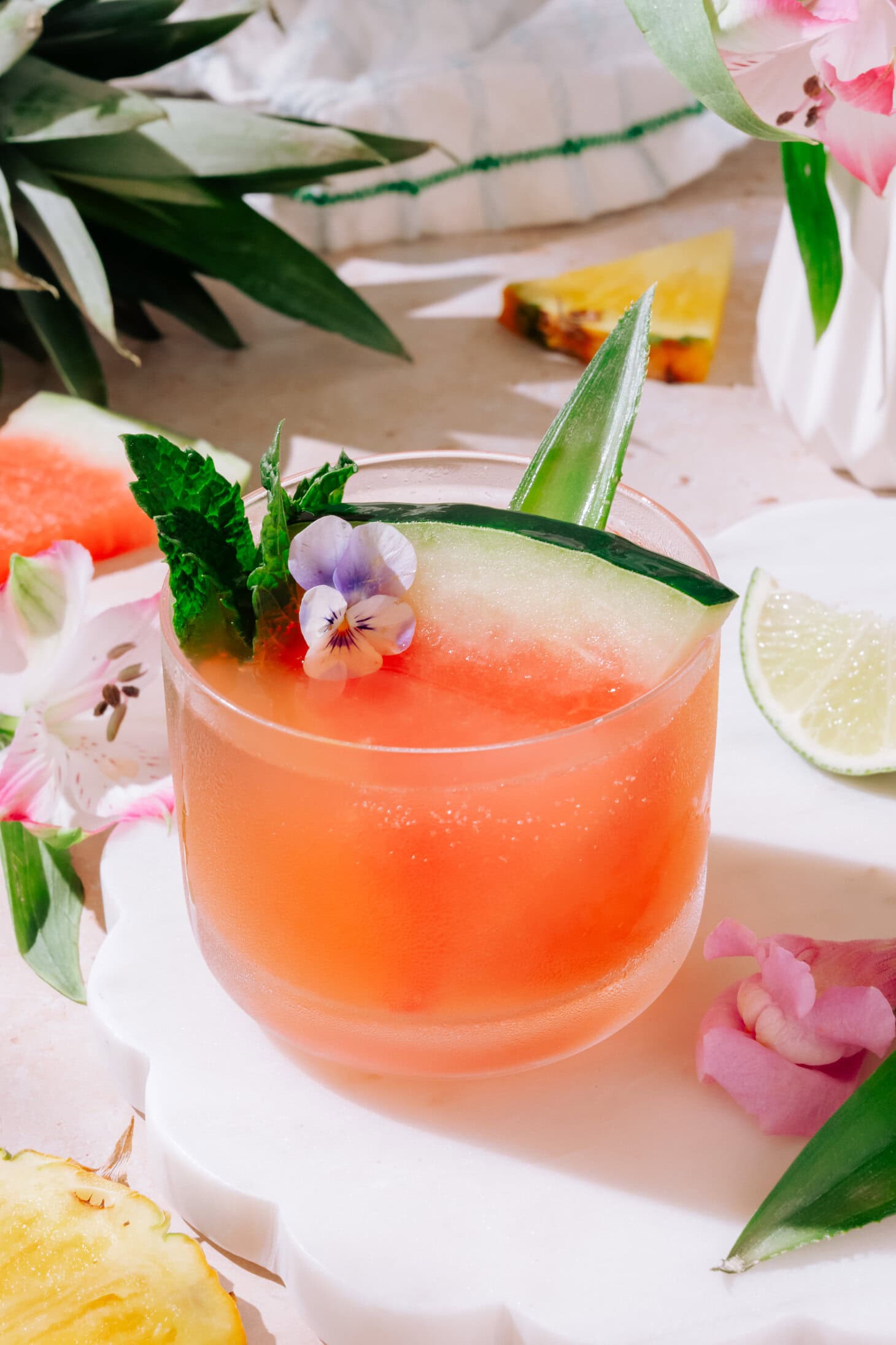 Tropical Watermelon Gin Cocktail garnished with fresh watermelon and lime and mint.