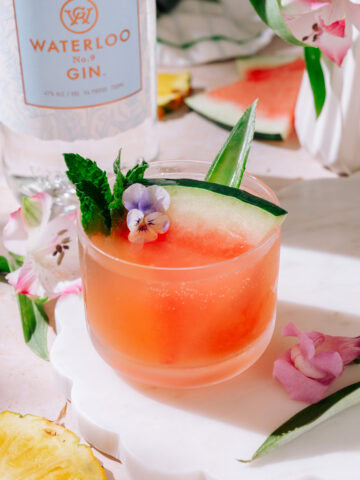 Tropical Watermelon Gin Cocktail garnished with fresh watermelon and lime and mint.