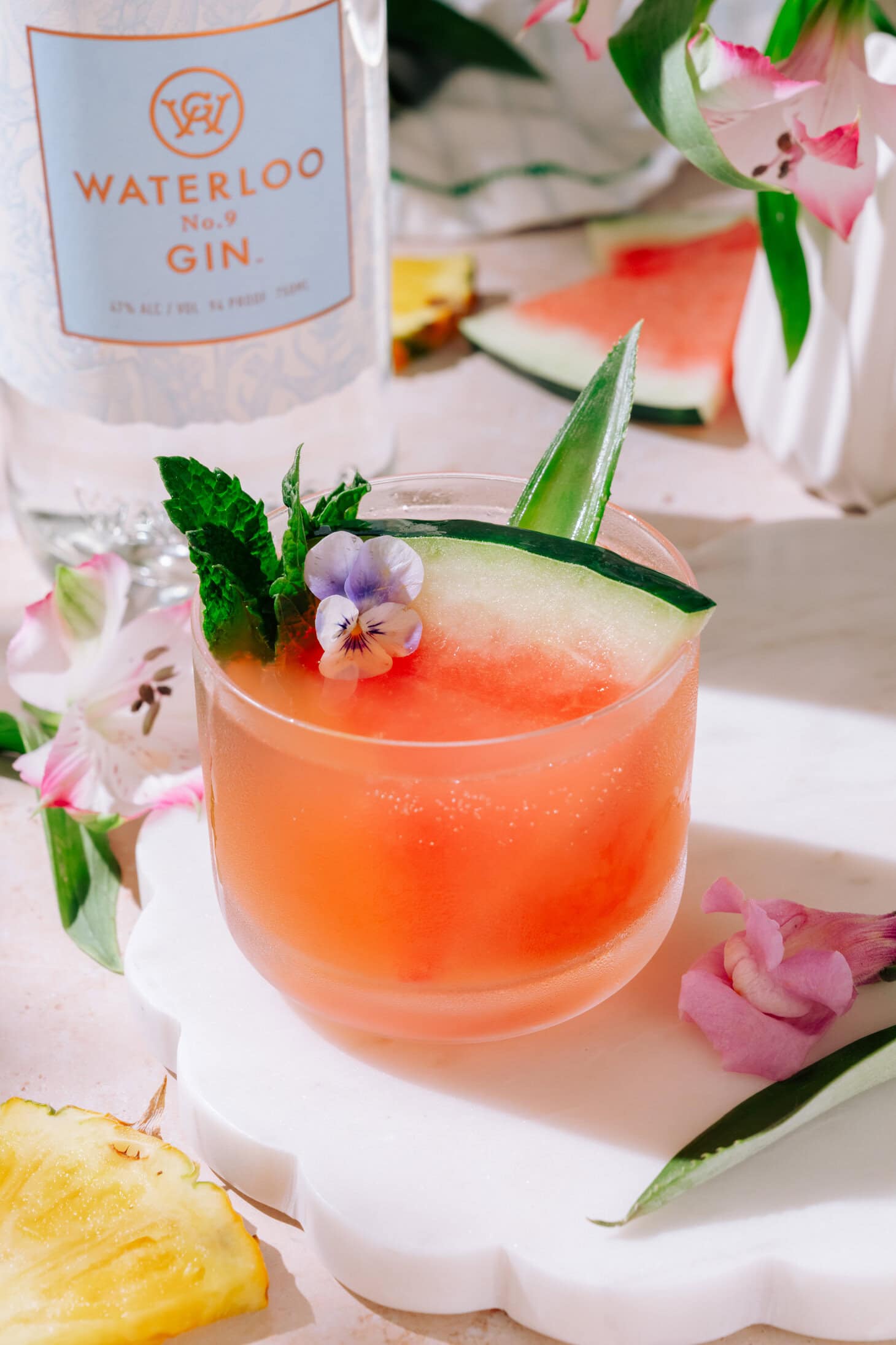 Tropical Watermelon Gin Cocktail garnished with fresh watermelon and lime and mint.