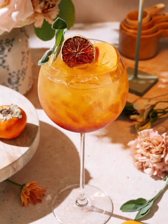 Easy Persimmon Pomegranate Mocktail served in a stemmed glass with dried citrus garnish, surrounded by flowers and decor on a sunny table.