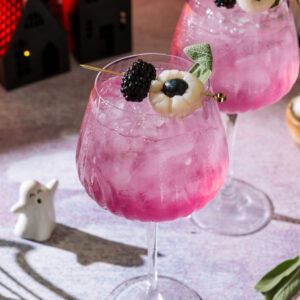 Two halloween themed Spooky Sarti Spritz cocktail drinks garnished with blackberries and blueberries in elegant tall glasses.